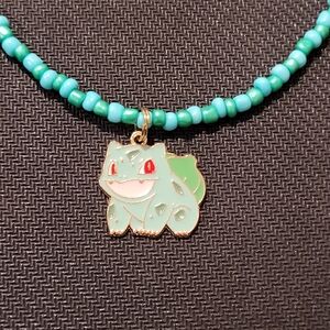 Turquoise Beaded Necklace with Bulbasaur Charm